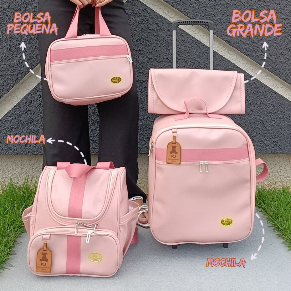 Kit Bolsa Maternidade 4 Peças l Mala, Mochila Luxo l  Mala de Rodinha Com Faixa e Laço
