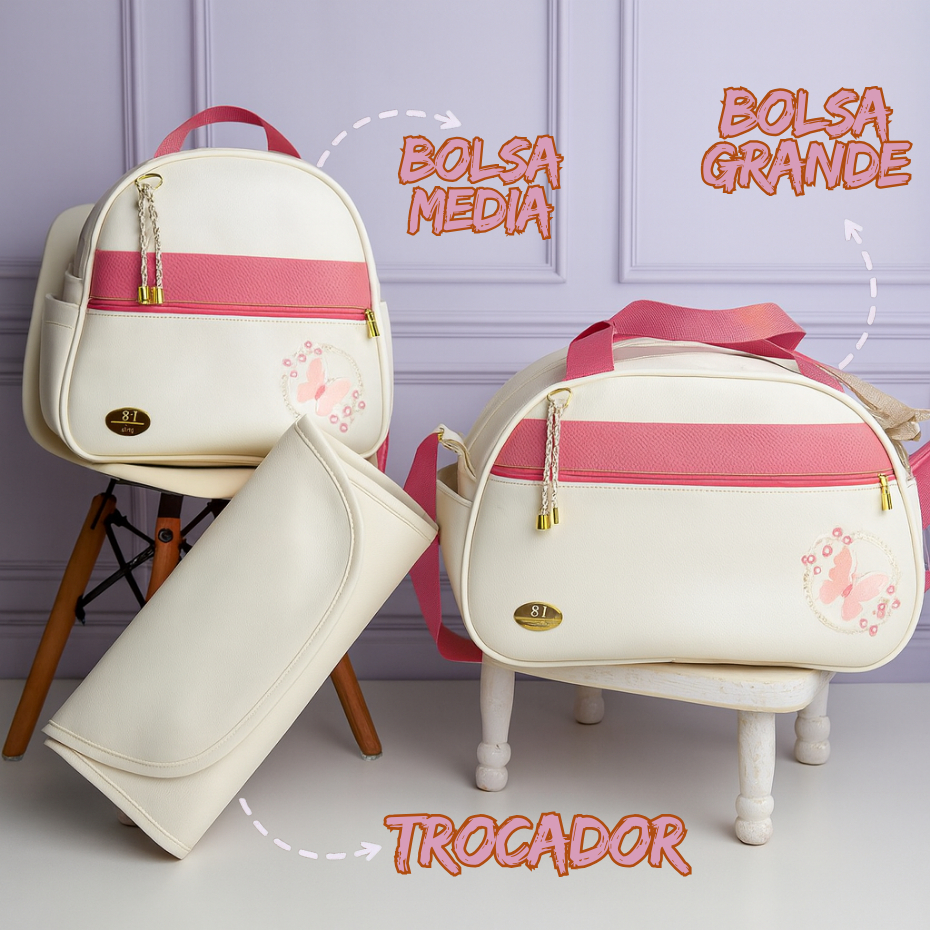 Kit Maternidade com Trocador de 3 Peças Bordado e Personalizado com Cavalo, Borboleta e Safari