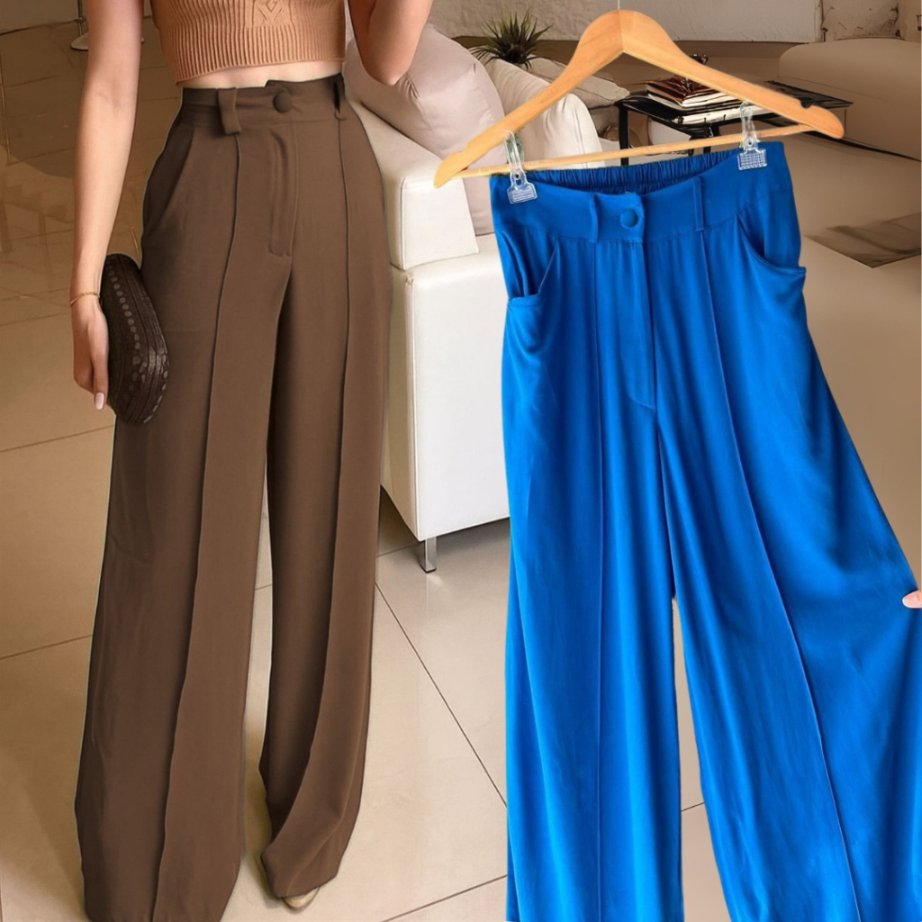 calça feminina pantalona duna com Elástico botão elegante tendência 2025 em Oferta na Shopee
