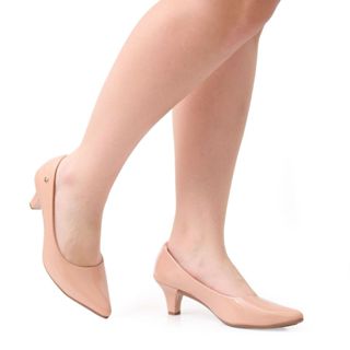 Sapato Scarpin Feminino Bico Fino Salto Fino Baixo Saia e Blusa Verniz Nude Elegante Casual em Oferta na Shopee