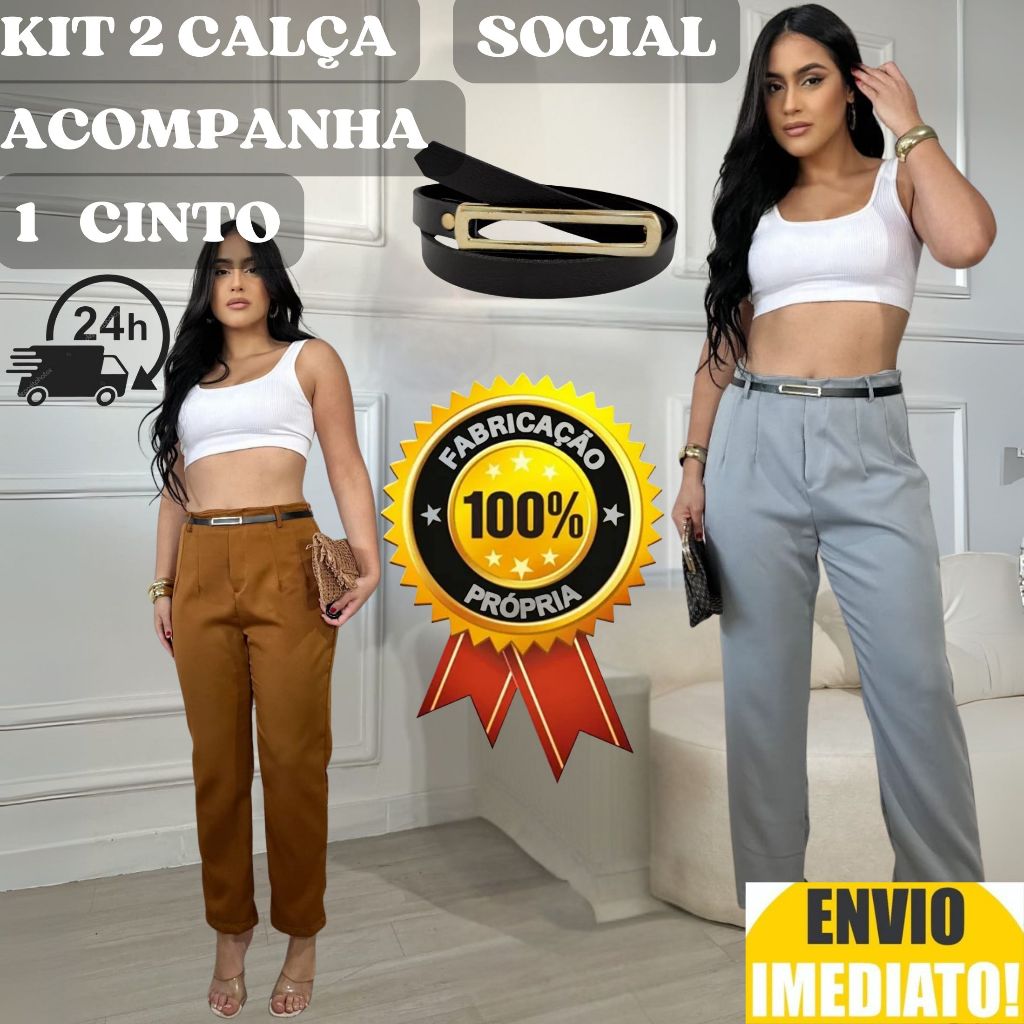 Kit 2 Calça Feminino Alfaiataria Com Cinto ENVIO IMEDIATO em Oferta na Shopee