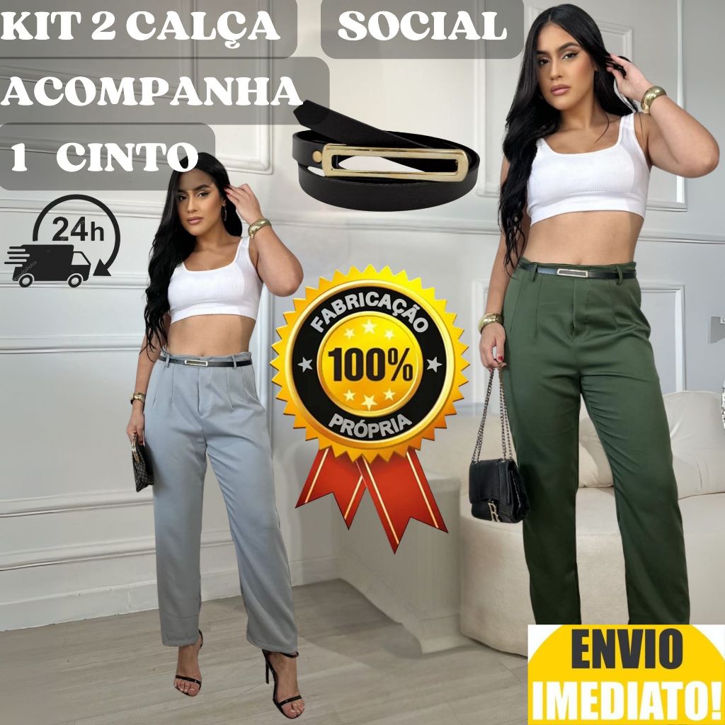 Kit 2 Calça Feminino Alfaiataria Com Cinto ENVIO IMEDIATO