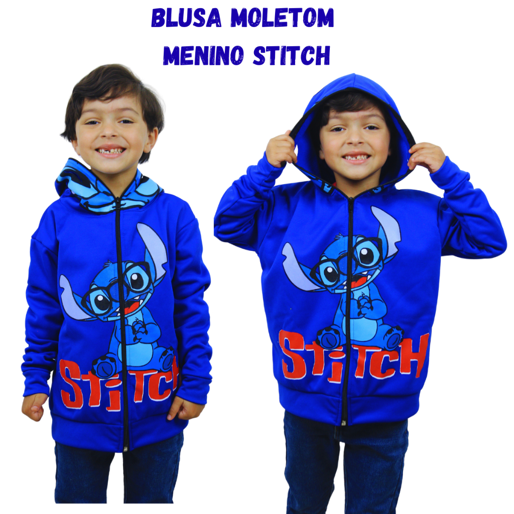 Blusa Moletom Infantil Menino Stitch Com Capuz Que Vira Máscara de Zipper