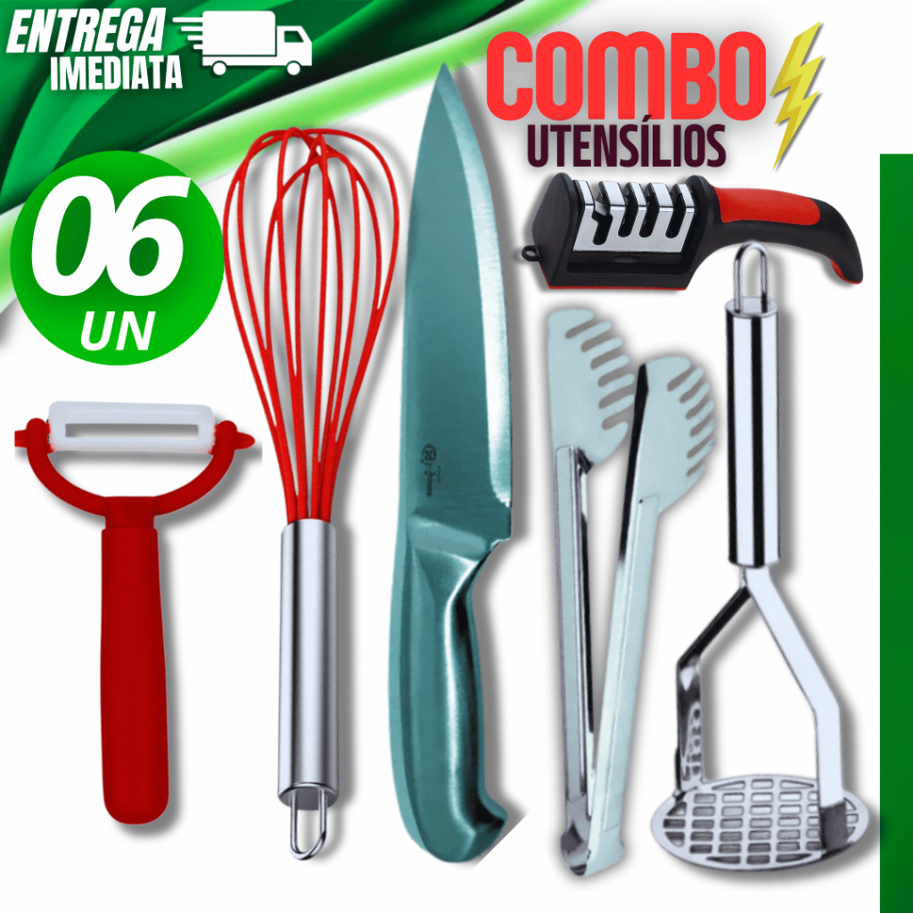 06Peças Batedor Ovo Descascador Faca Peixaria Multiuso Pegador Afiador Amassador Inox
