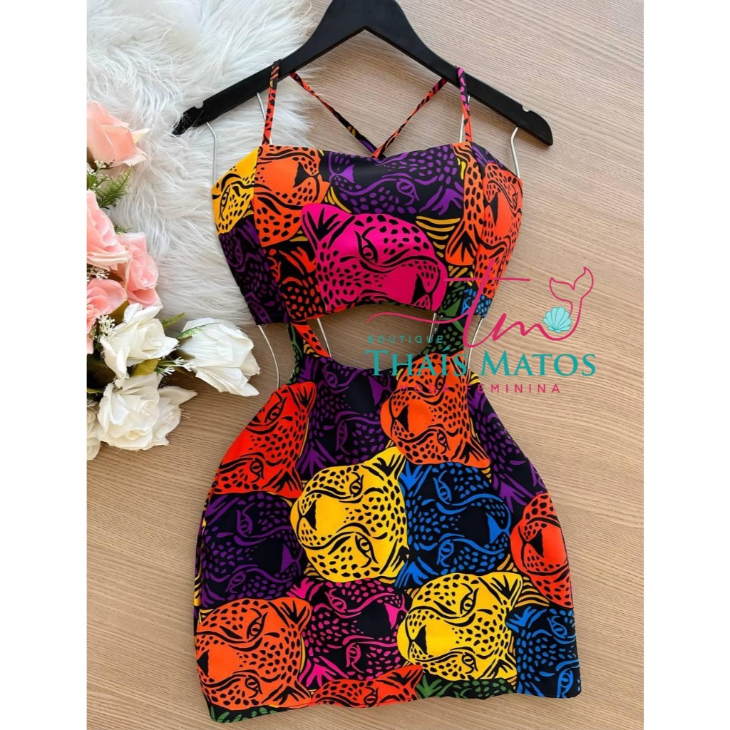 macaquinho feminino Vestido Estampado elegante Short por baixo Tecido crepe alça fina Amarra atrás em Oferta na Shopee