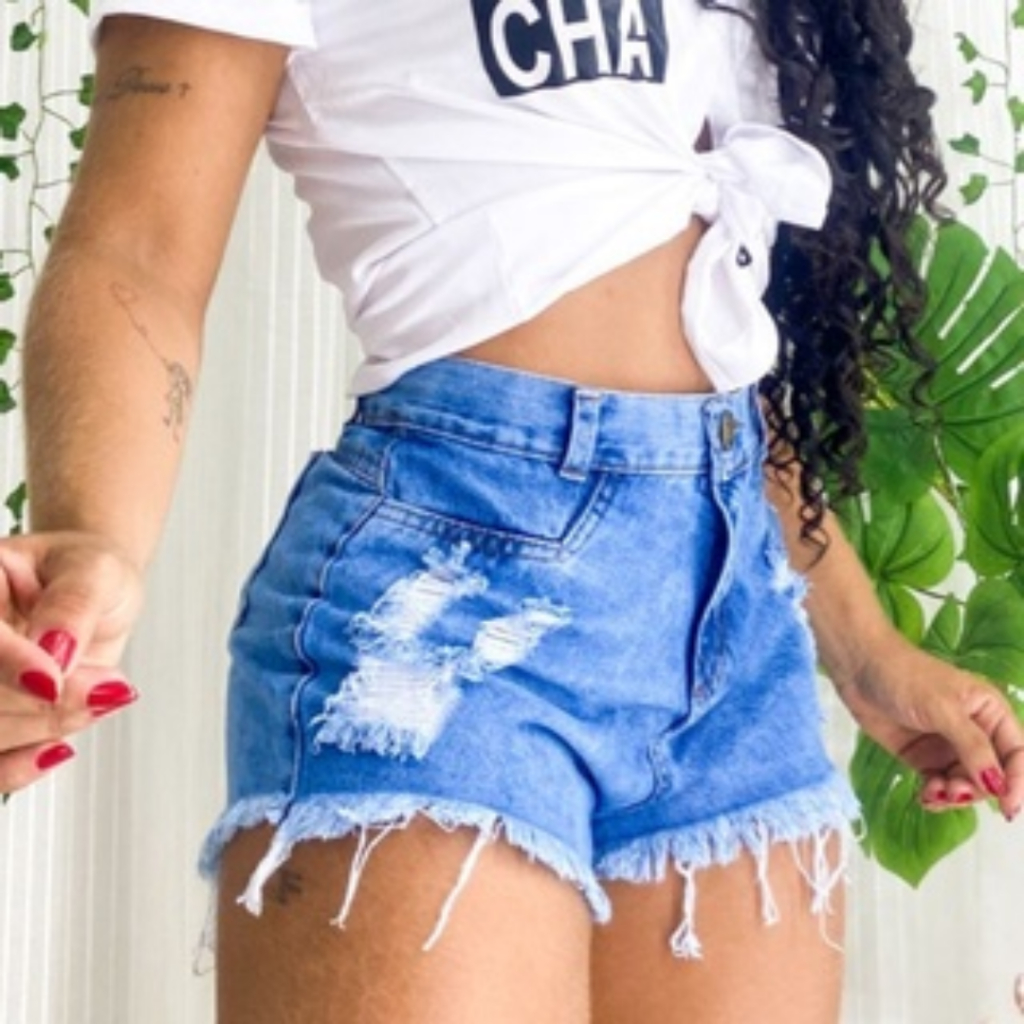 Short Jeans Feminino Estilo Destroyed Levanta Bumbum Cintura Alta Modela o corpo