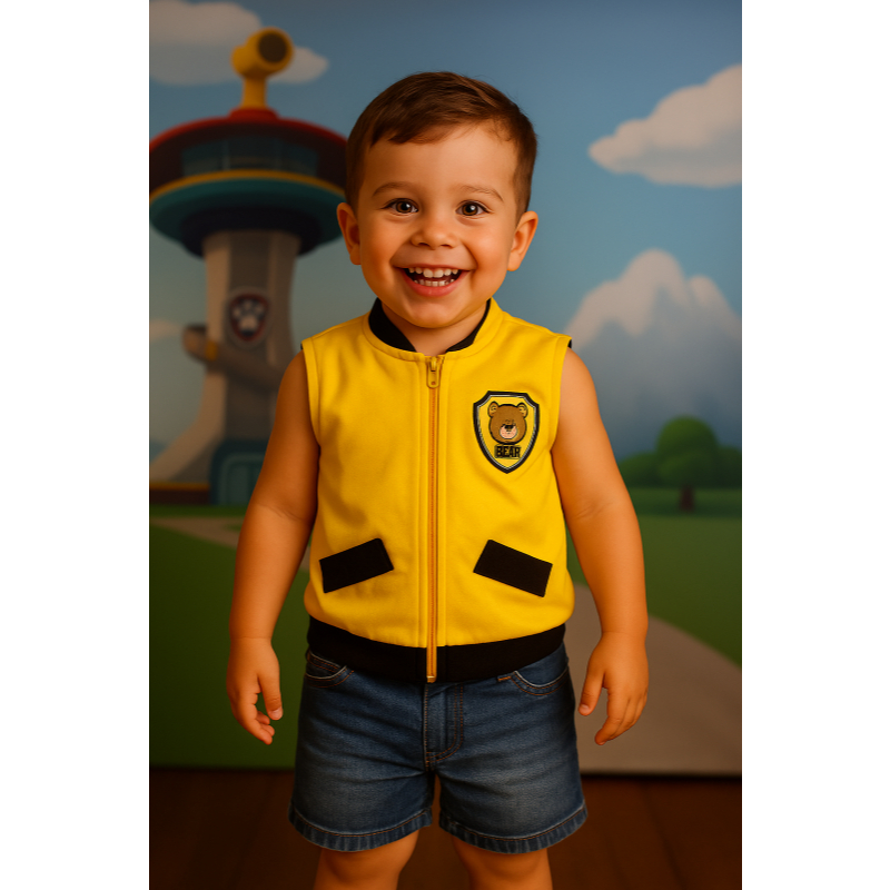 FANTASIA INFANTIL COLETE RUBBLE PATRULHA CANINA AMARELO PARA MENINOS PARA AS FESTAS ANIVERSÁRIOS E CARNAVAL