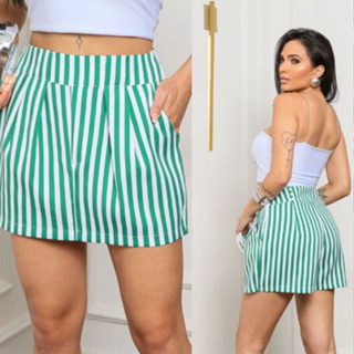 Short Saia Listrada em Alfaiataria com Ziper Lateral e Bolso na frente , Moda Primeveira Verão Cintura Alta em Oferta na Shopee
