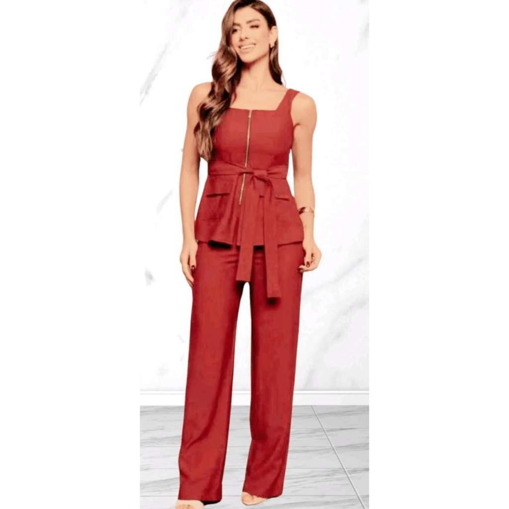 L158 Body Conjunto Feminino Marrant Colete com Ziper cinto  e Calça em Oferta na Shopee