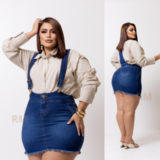 jardineira salopete saia jeans feminina macaquinho plus size com Lycra em Oferta na Shopee