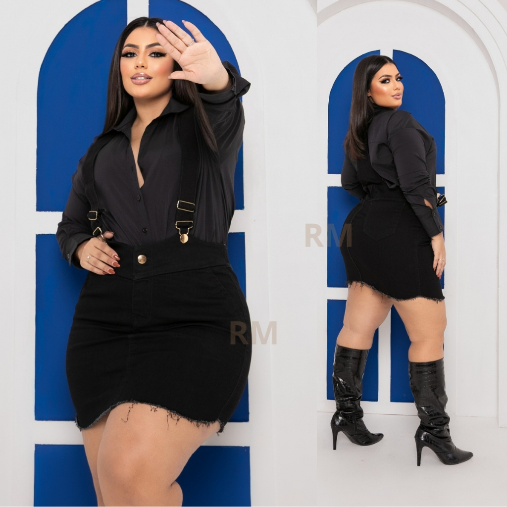 jardineira salopete saia jeans feminina macaquinho plus size com Lycra Moda Plus Size