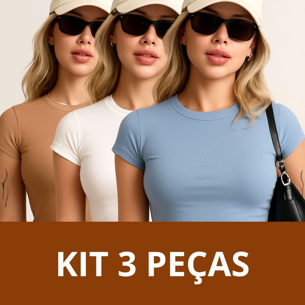 Kit 03 Blusa Baby Tee Baby Look Manga Curta Academia Slim Fit Moda Gringa em Oferta na Shopee