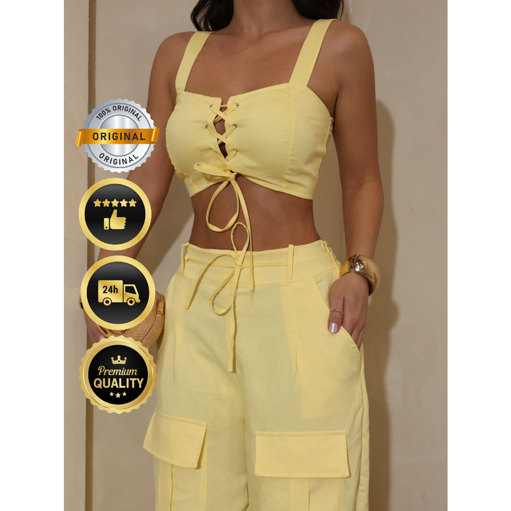 Conjunto Feminino Alfaiataria Marranth – Top Cropped + Calça Cargo
