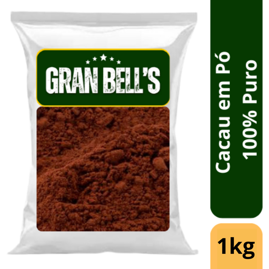 Cacau em Pó Alcalino GRAN BELL'S 1kg Sem Açúcar e Sem Glúten Cor Intensa Sabor Suave para Bolos Doces e Shakes