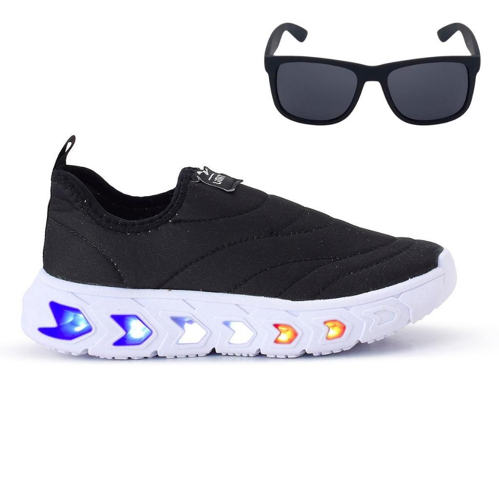 Tenis Infantil Led Menino e Menina Calce Facil Preto e Branco + Óculos