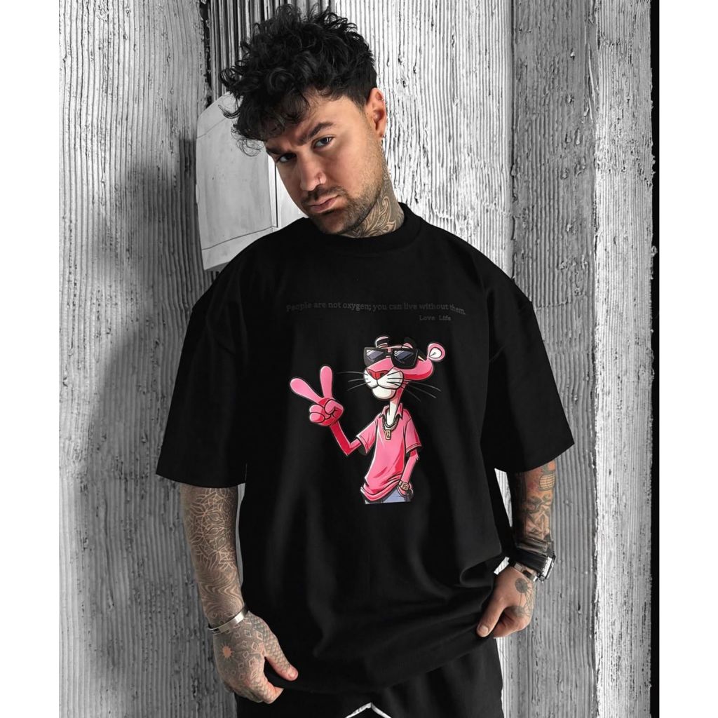 Camiseta oversized plus size Aftersoul Pantera Cor de Rosa streetwear 100% algodão