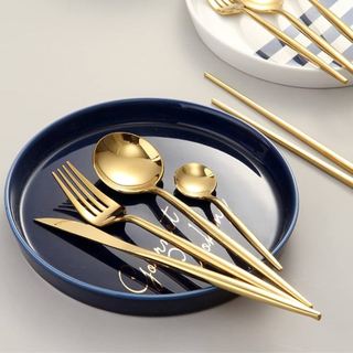 Jogo de 4 Talheres Mesa Posta Dourado Preto Rosa Individual