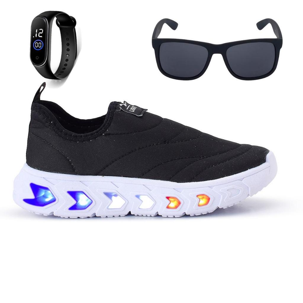 Tenis Infantil Led Menino e Menina Calce Facil Preto e Branco + Relógio + Óculos