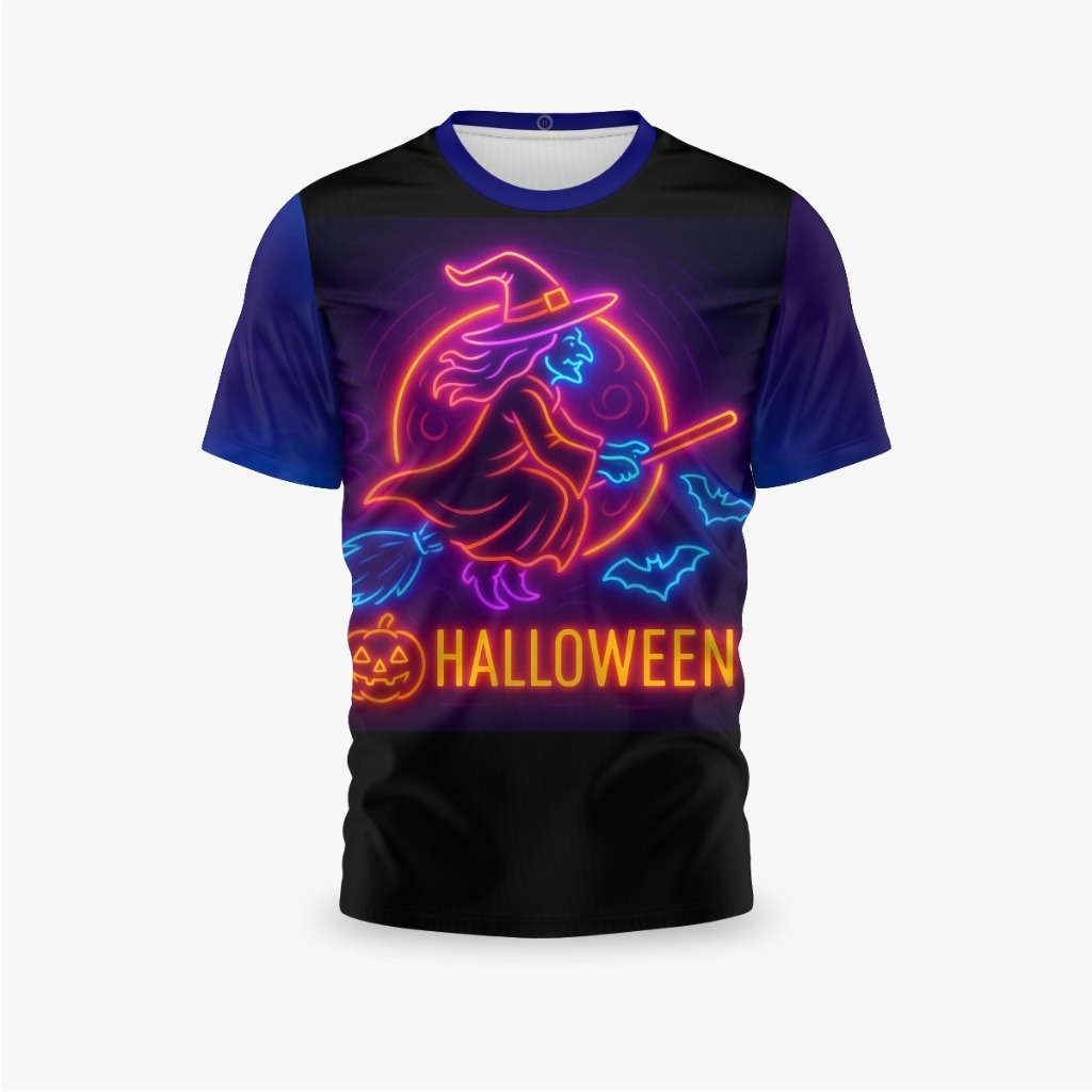 Camisa Camiseta Bruxa Feitiço Halloween Neon Brilha na Luz Negra Unissex Abobora