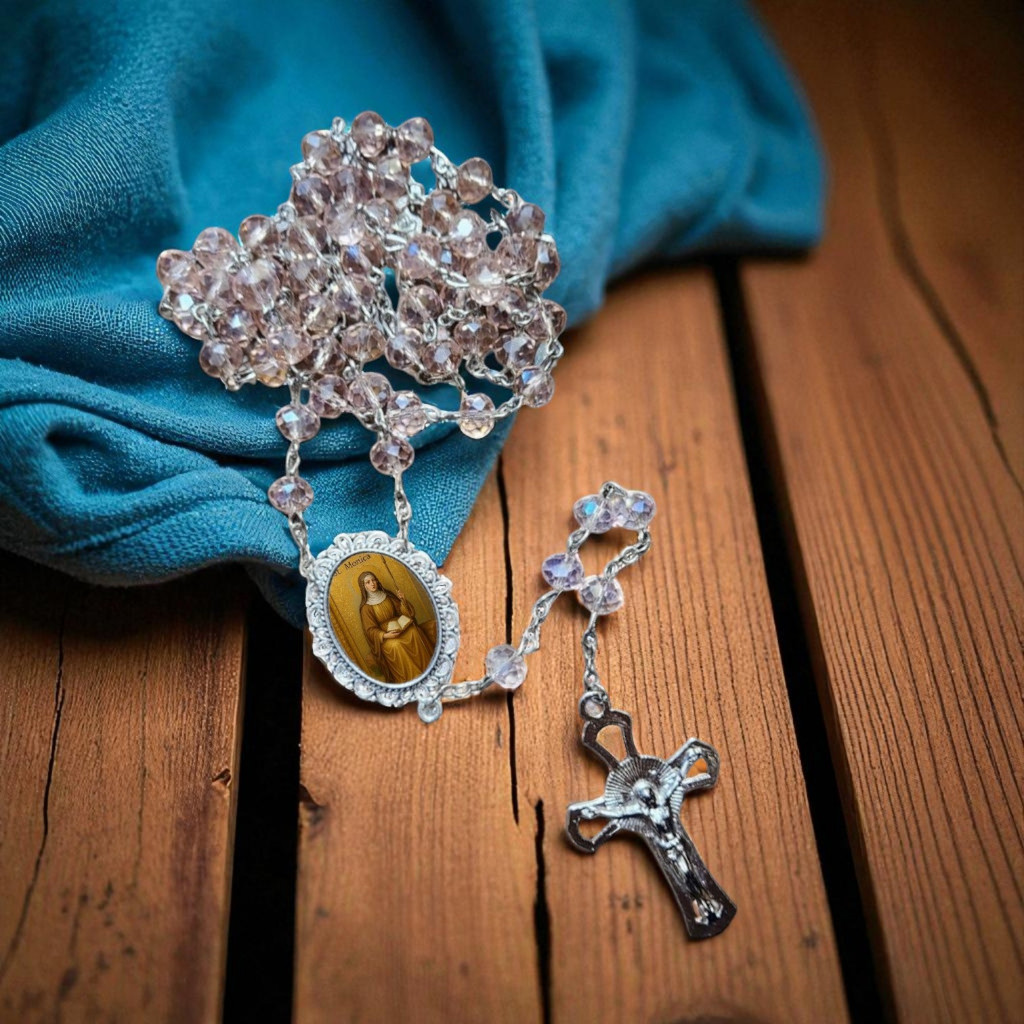 Terço Luxo Cristal Santa Monica Protetora Das Mães Cristãs terço longo passa no pescoço rosario religioso