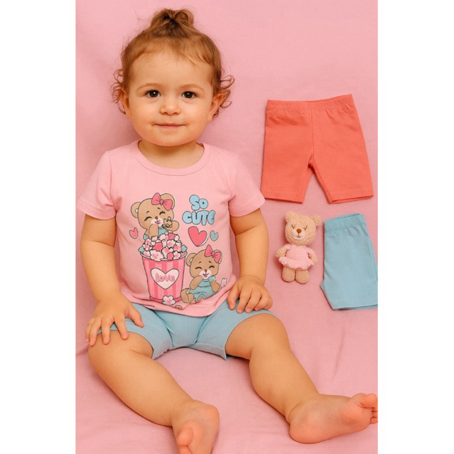Conjunto Infantil Feminino So Cute Kit 3 Peças 1 Camiseta + 2 Bermudas Ciclista