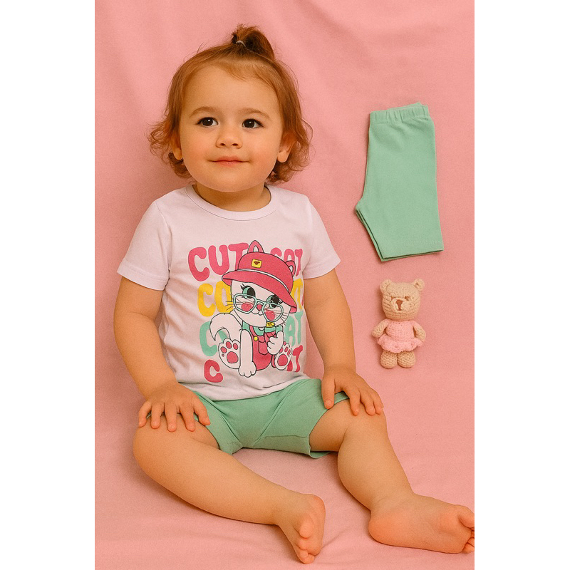 Conjunto Infantil Feminino Cute Cat | Camiseta Estampada + Bermuda Ciclista