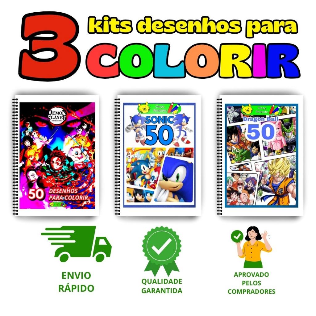 Kit 3 livros de colorir, livro de colorir infantil, livro de colorir anime