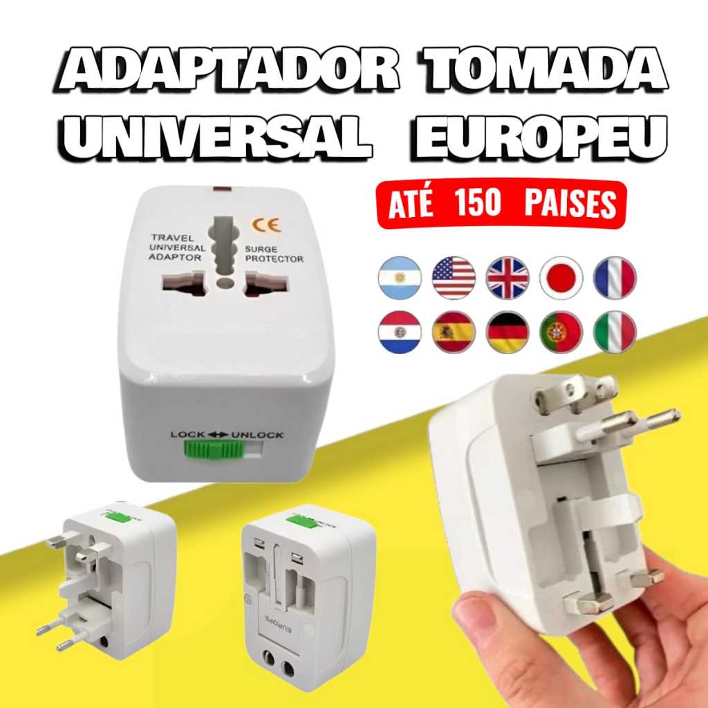 Adaptador Tomada Universal Internacional Uk EUA Ásia Europa Viagem em 150 Países Europeu Compacto