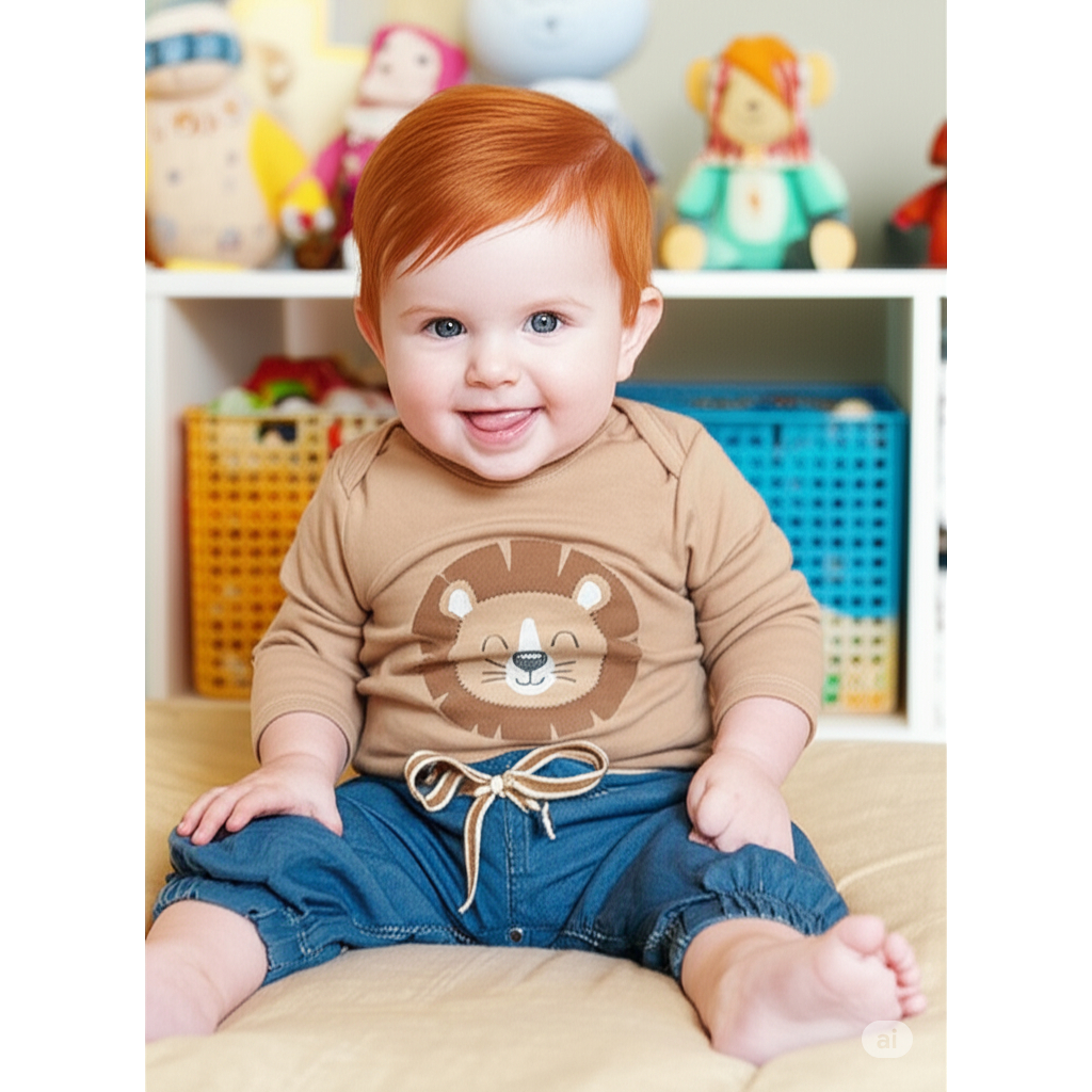 Conjunto Bebê Leãozinho Body Bege Avelã E Calça Jeans Jogger