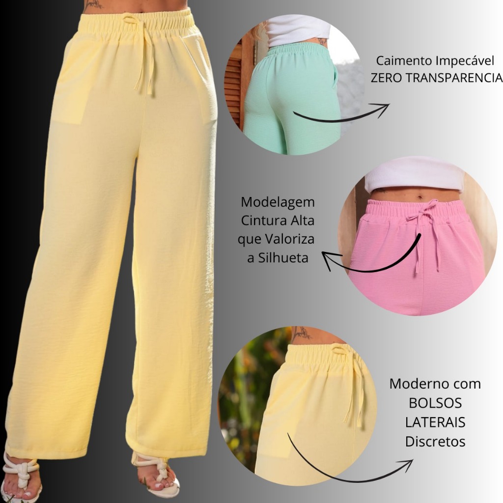 Calça Pantalona Feminina  Duna Cintura Alta Com Bolso Tendencia