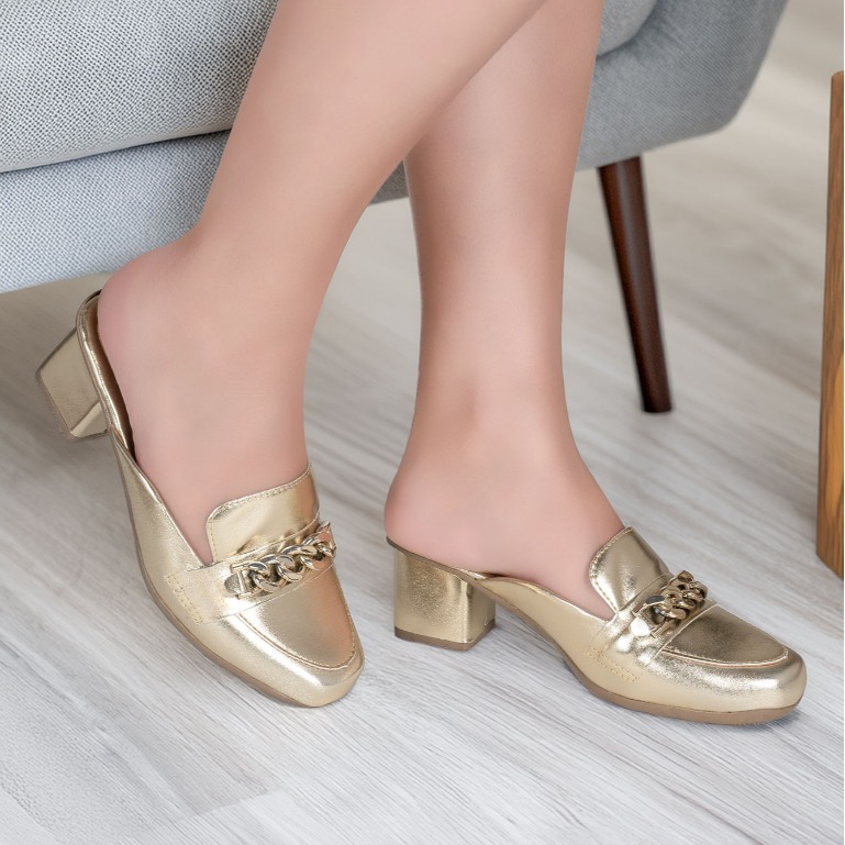 Mule Bico Quadrado com Salto Bloco Feminino Macerata Sapato Corrente da Moda Verão Ref: Q-1200