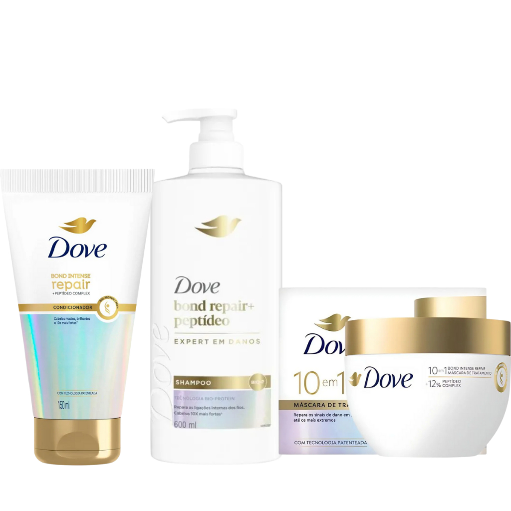 Kit Dove Bond Repair Shampoo 600ml + Condicionador 150ml + Máscara 300g Cabelos Danificados
