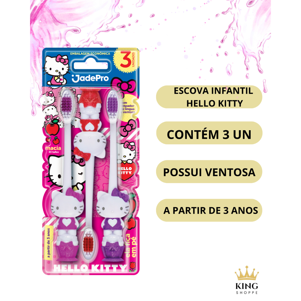 ESCOVA DE DENTE INFANTIL HELLO KITTY C/ 3UN - JADEPRO em Oferta na Shopee