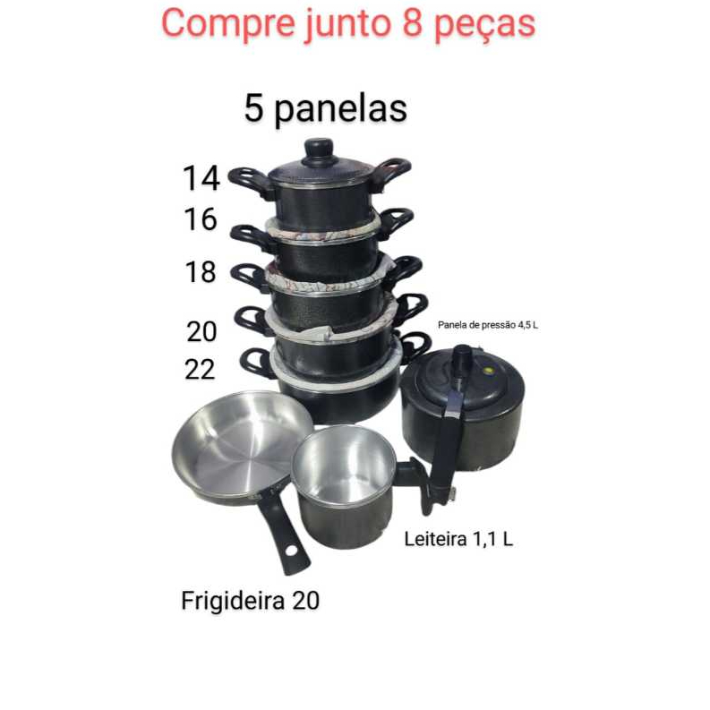 Conjunto de Panelas 9 Pç:5 PANELAS+1 PANELA PRESSÃO 4,5L+ FRIGIDEIRA20 + LEITEIRA12 + CUSCUZEIRA18