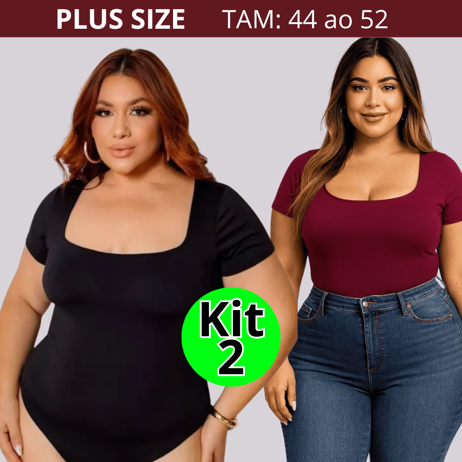 Kit 2 Body Plus Size Decote Quadrado com Manga Feminino com Forro Duplo Promoção em Oferta na Shopee