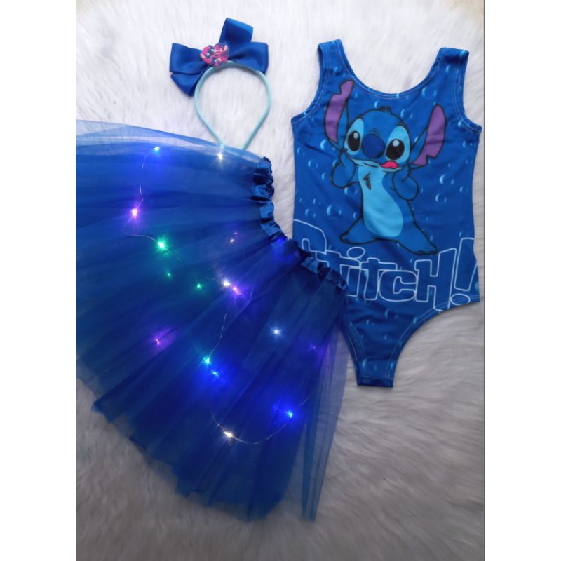 fantasia infantil menina stich saia de tule com leds body em suplex. em Oferta na Shopee