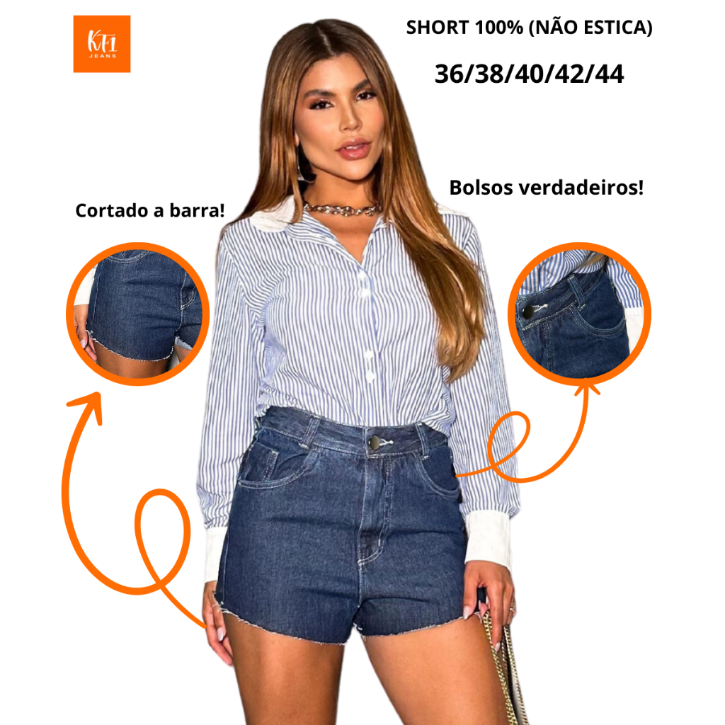 Short jeans feminino premium barra cortada sem lycra