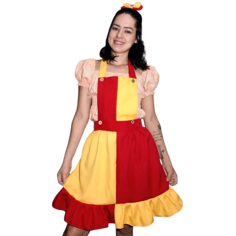 FANTASIA EMILIA adulto e infantil,  jardineira avental da Emília incluso laço para cabeça. em Oferta na Shopee
