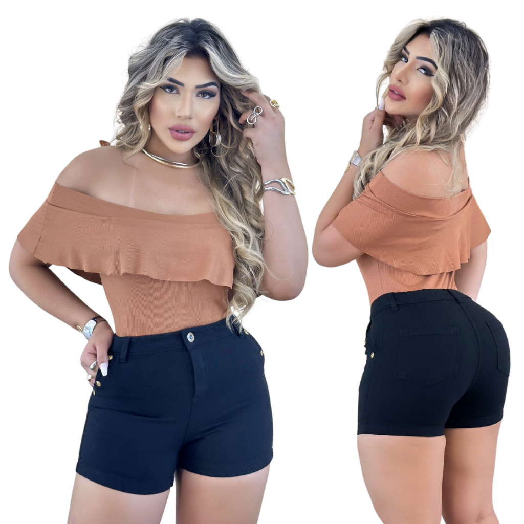 Conjunto Body Ciganinha Malha Ribana e Short Preto 100% Algodão Levanta Bumbum Cós Alto, Nusa Modas