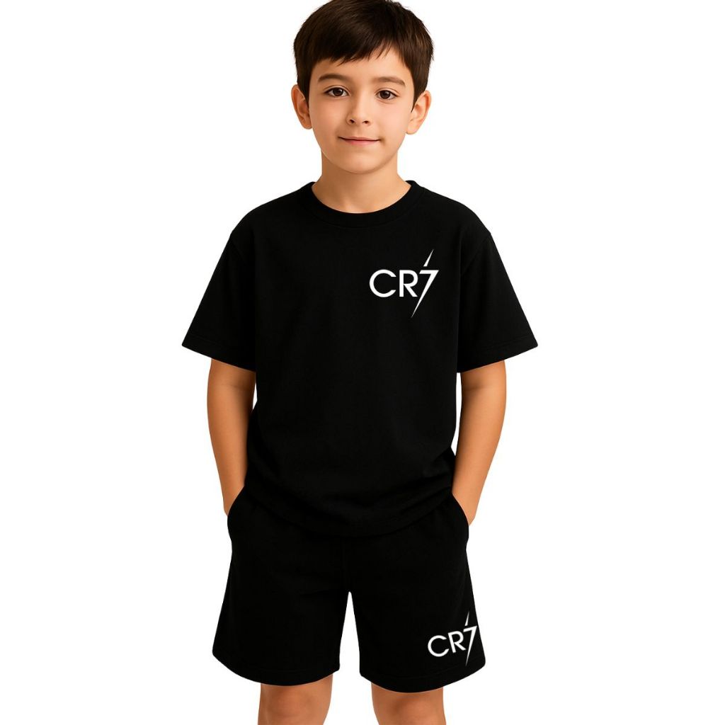Kit Infantil Camiseta e Short Moletinho Do Cristiano Ronaldo Conjunto Blusa e Bermuda de Moletom Camisa CR7 100% Algodão