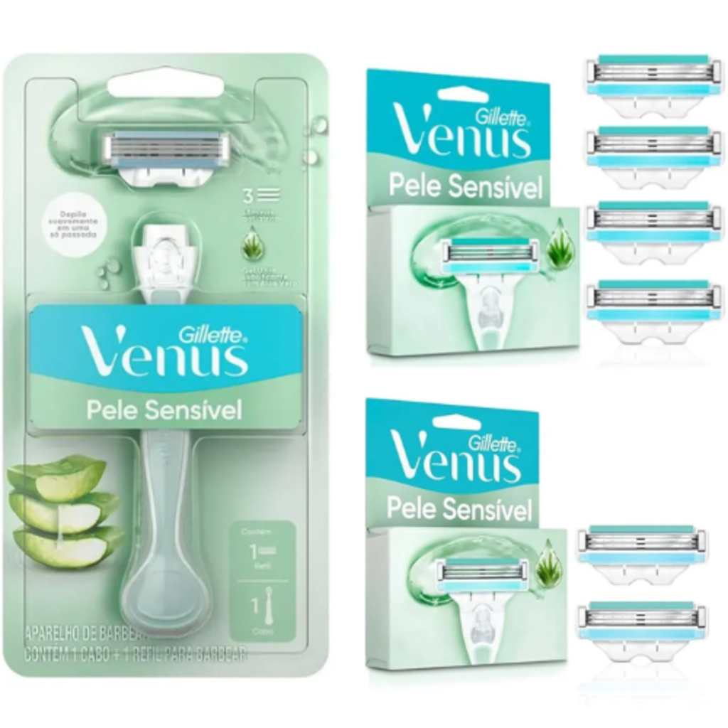 Kit Aparelho Gillette Venus Depilação Pele Sensível Aloe Vera + Carga Refil Com 2 ou 4 Unidades em Oferta na Shopee