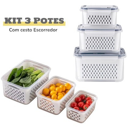 Kit Conjunto 3 Potes Organizadores de Geladeira Herméticos com Cesto Escorredor 850ML 1750ML 3300ML