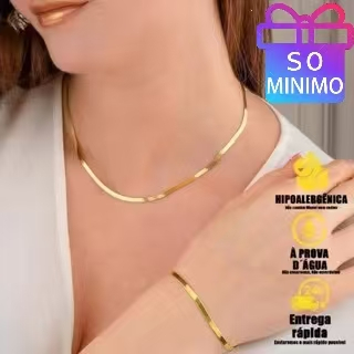 Kit Conjunto Feminino: Colar de Osso de Cobra Laminado e Pulseira Corrente, Folheados a Ouro 18K