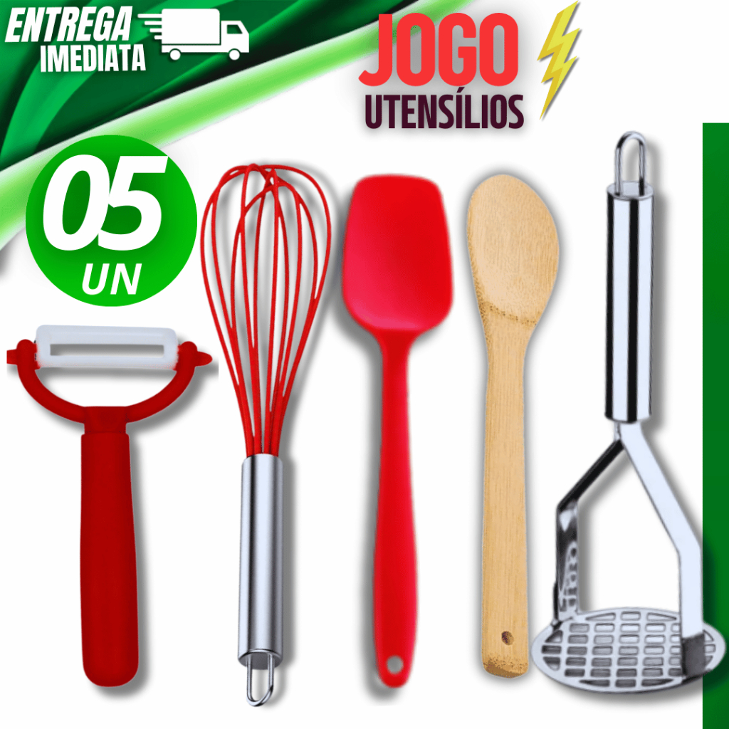 Combo Conjunto Batedor de Ovos Espátula Silicone Colher Bambu Amassador  Batatas Descascador