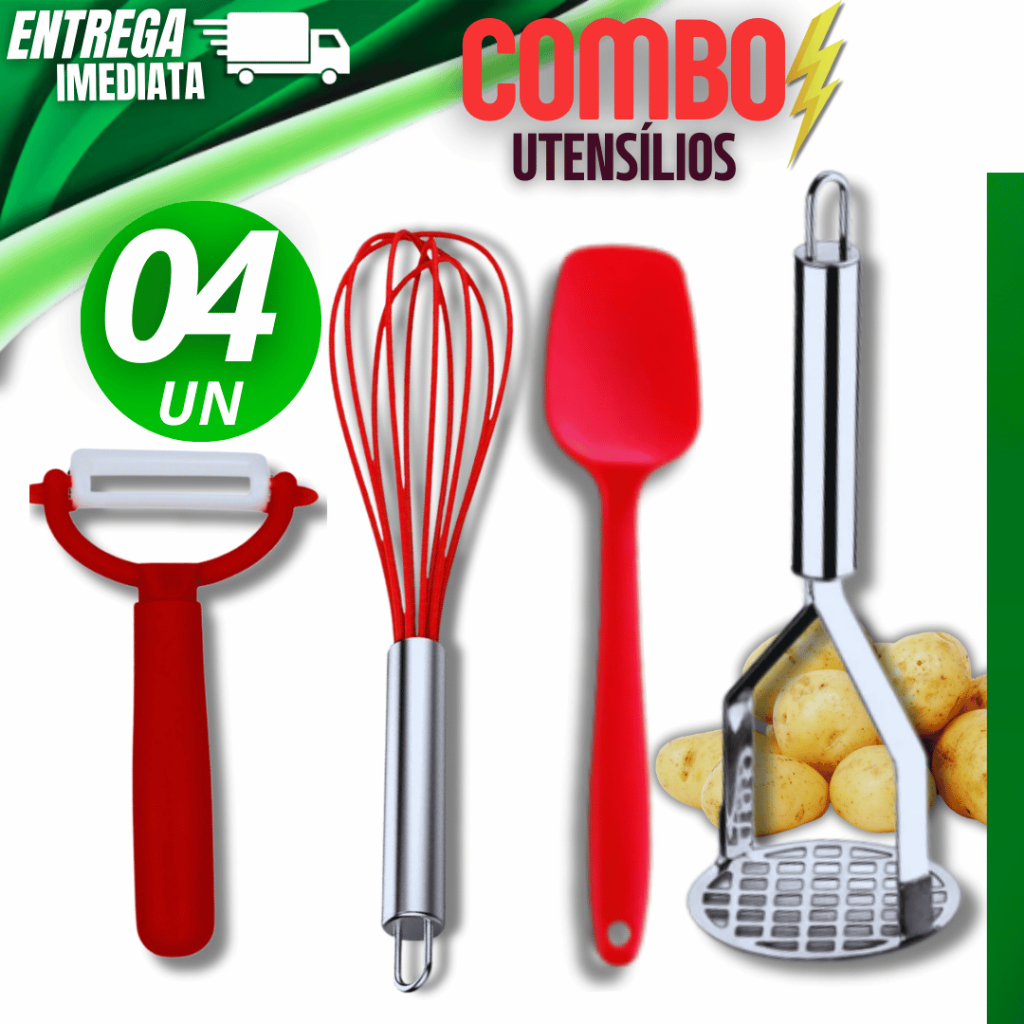 Conjunto Kit 04 - Batedor de Ovos Espátula Silicone Amassador  Batatas Descascador de Legumes