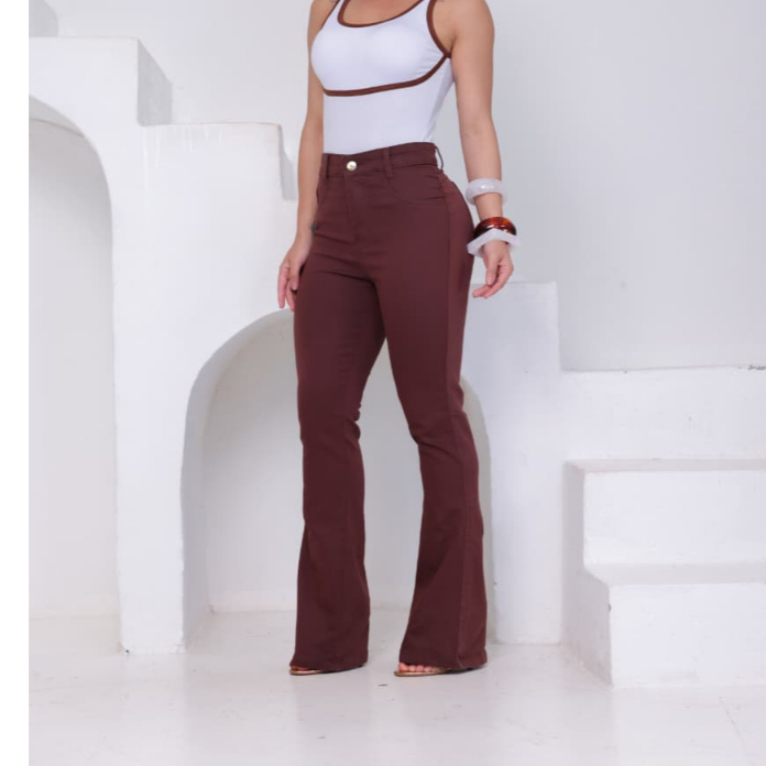 Calça Flare marrom com elastano cintura alta jeans feminina em Oferta na Shopee
