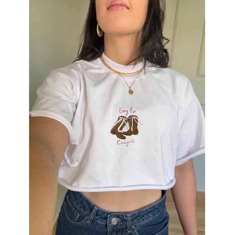 Cropped Camiseta Algodão Oversize Feminino Gola Alta Confortável Básico Versátil Delicado Bota Laço Country Rodeio