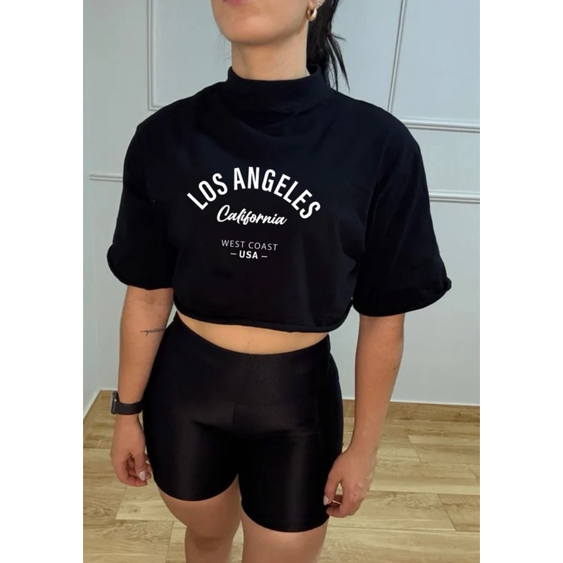 Fitness Cropped  Oversize Feminina De Algodão Gola Alta Academia Estiloso Versátil Confortável Tendência Los Angeles