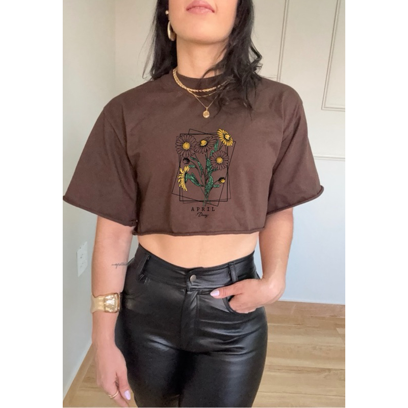 Gola Alta Cropped Camiseta Algodão Feminino Básico Confortável Estiloso Tendência Flores Girassol Camiseta