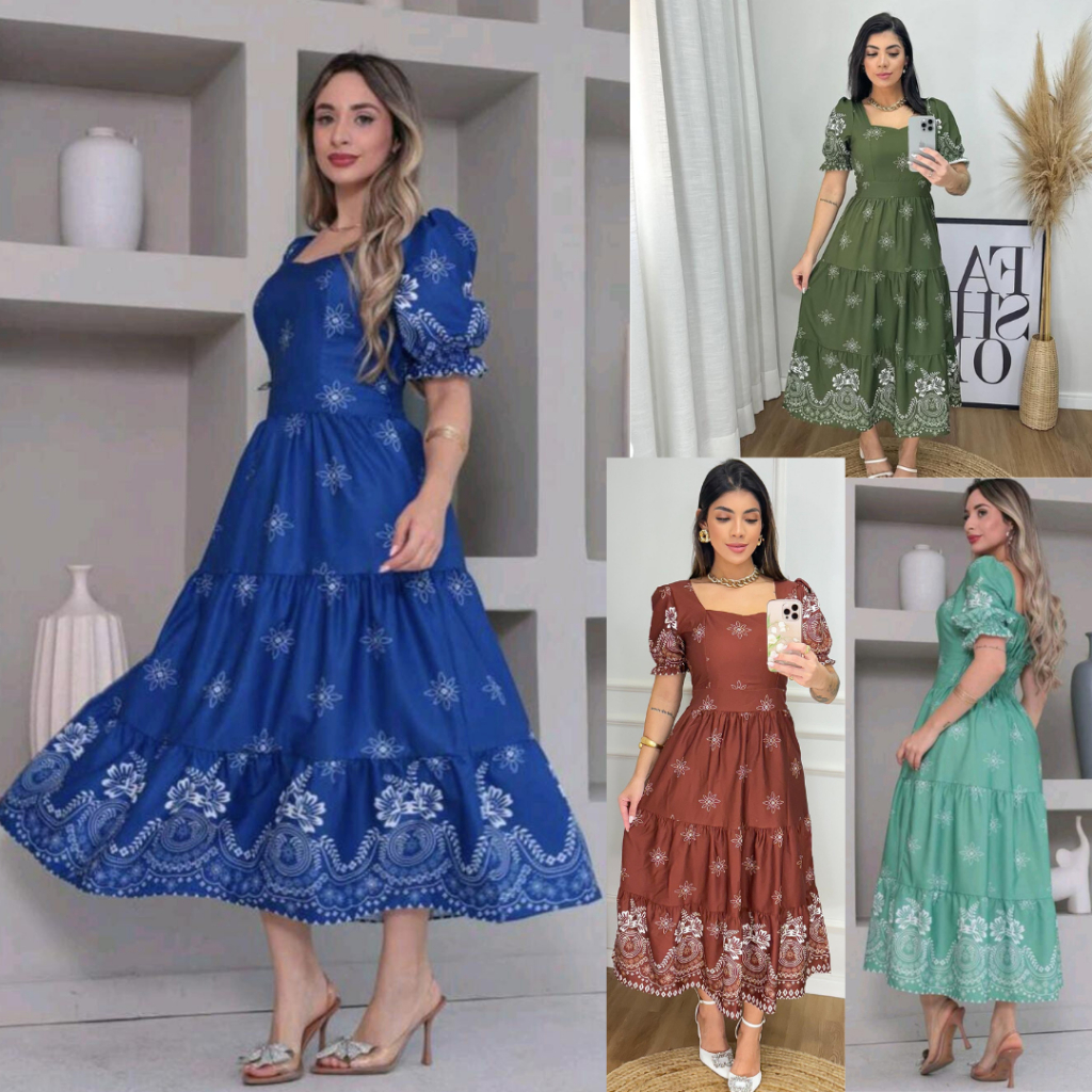 Vestido mídi feminino evangélica com manga princesa com elastex na costas confortável tecido algodão em Oferta na Shopee